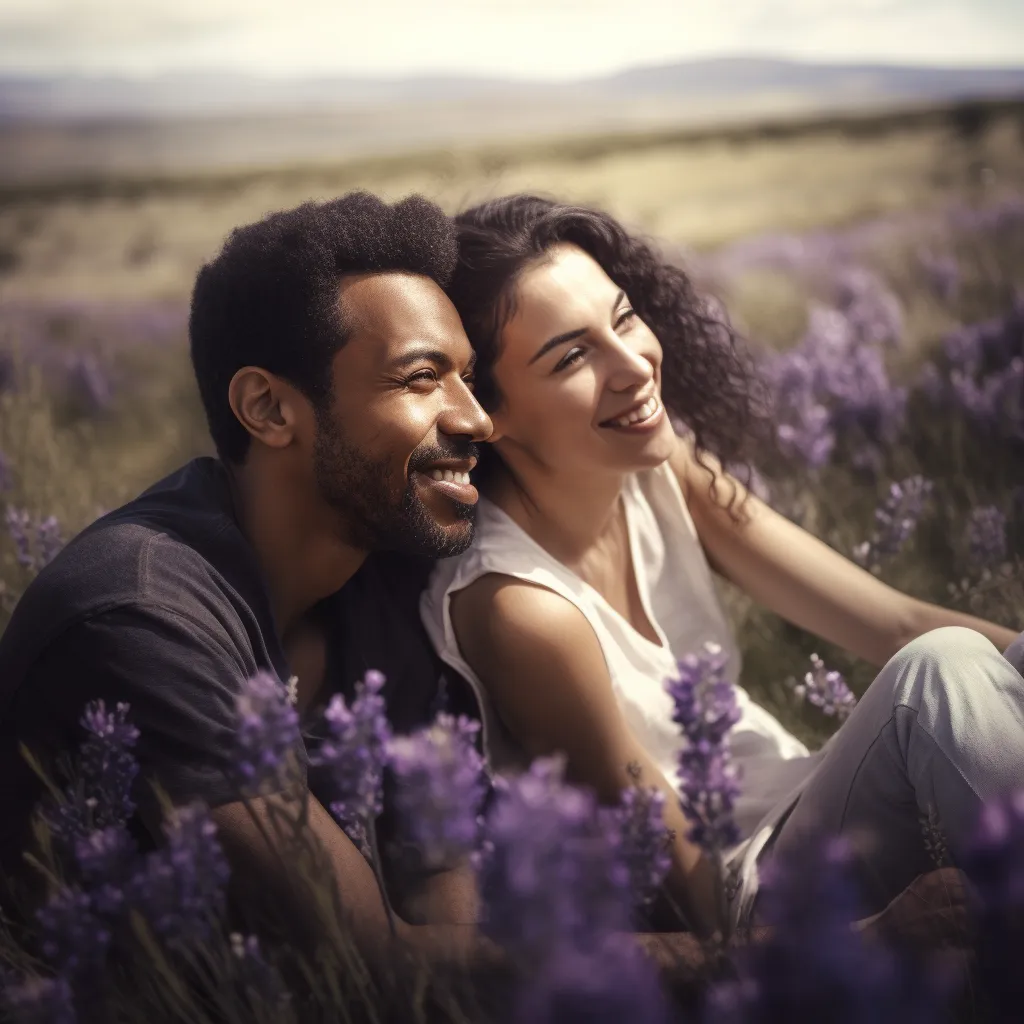A young couple happily sitting in a purple flower meadow