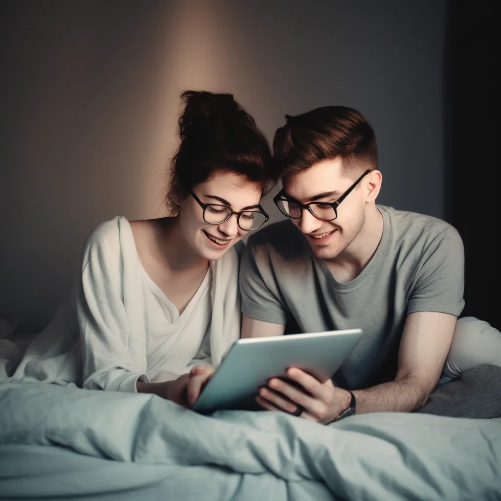A young couple looking at LIT information from a tablet from a the comfor of their bed